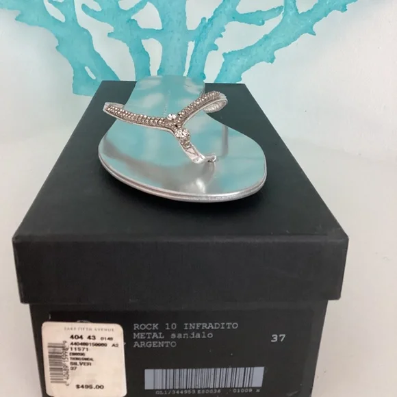 Giuseppe Zanotti NEW Silver Leather Crystal Embellished Thong Sandals Shoes 37